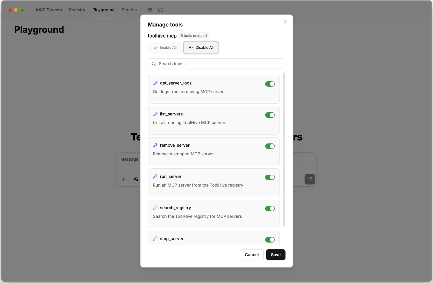 MCP tools management interface ToolHive playground tools management showing available MCP tools